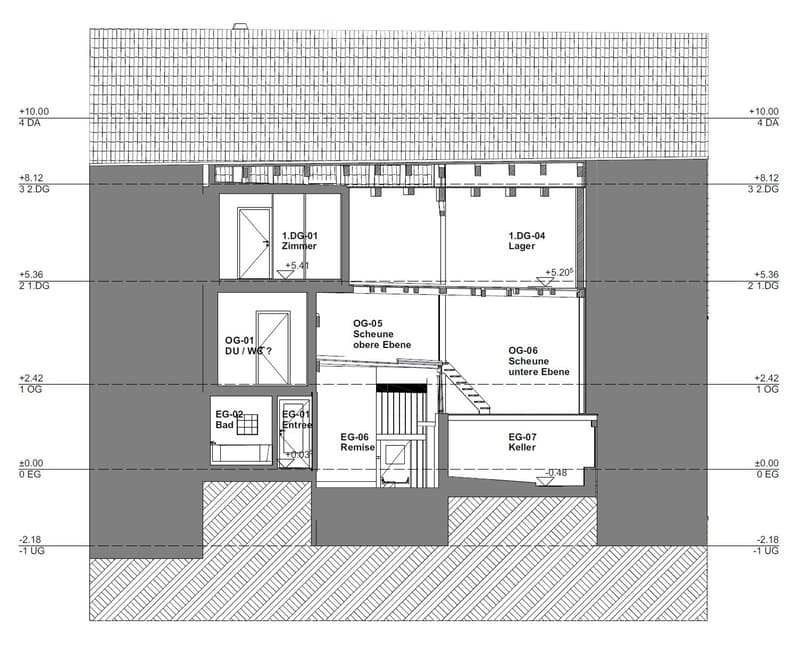 Floor plan showing multiple levels including entrance, bathroom, storage, attic, basement, and various rooms labeled with German terms.