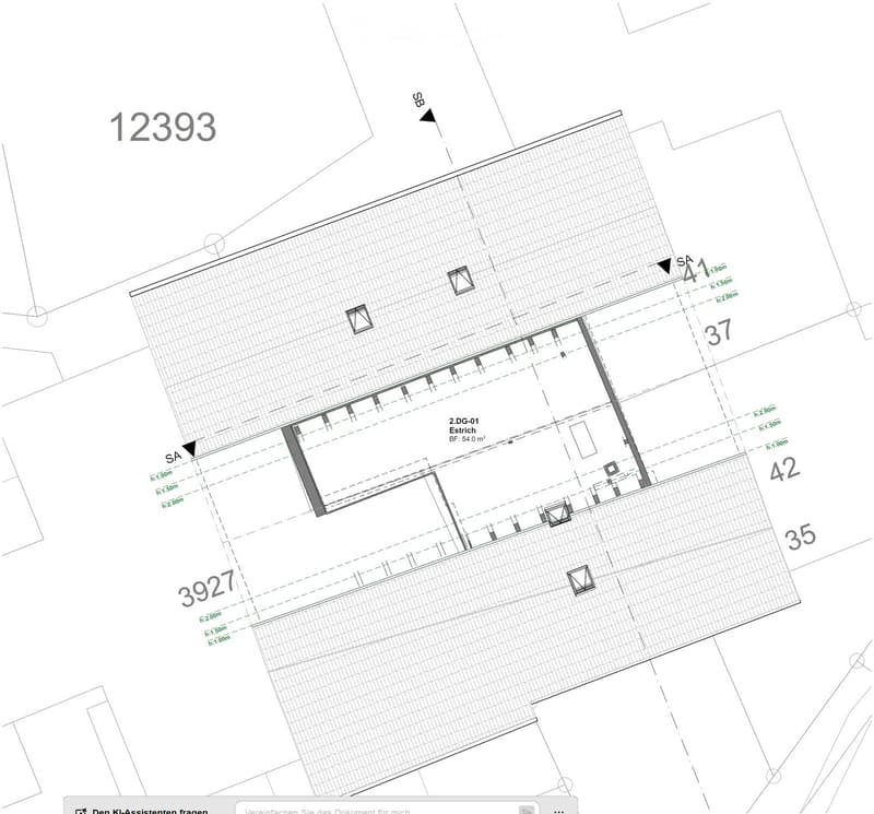 Floor plan of a building showing multiple rooms and areas, including labeled spaces and dimensions.