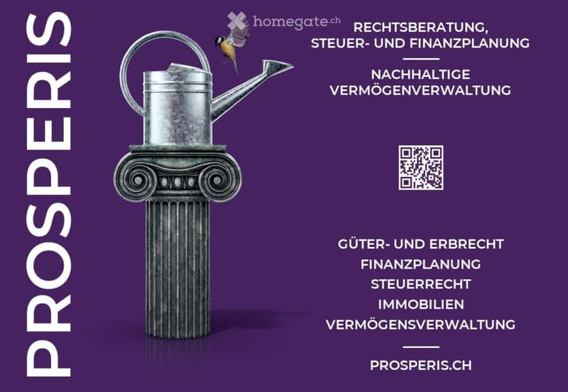 Promotional image with a stylized column and watering can, featuring text in German about legal and financial services.