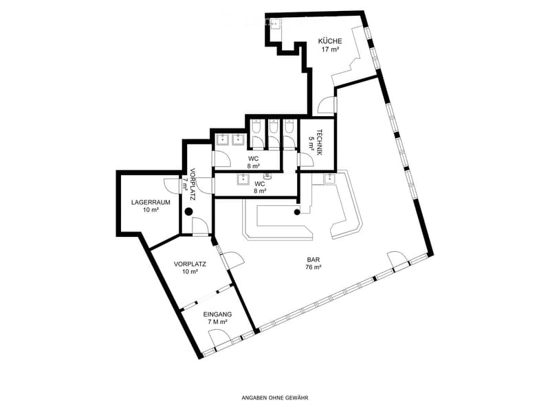 Layout includes a bar area (76 m²), kitchen (17 m²), storage room (10 m²), entrance (7 m²), hallway (10 m²), and two bathrooms (8 m² each).