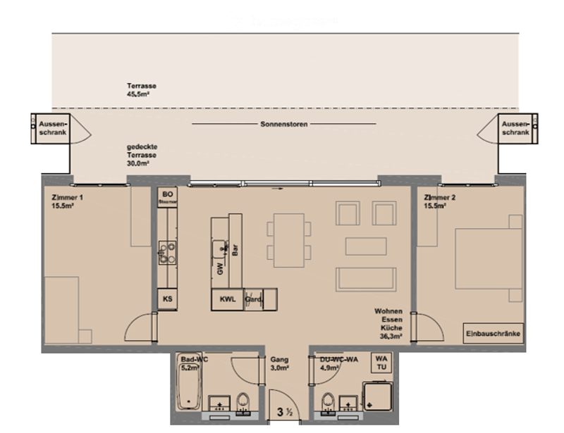 Floor plan showing a two-room apartment with a kitchen, bathroom, hallway, and a covered terrace.