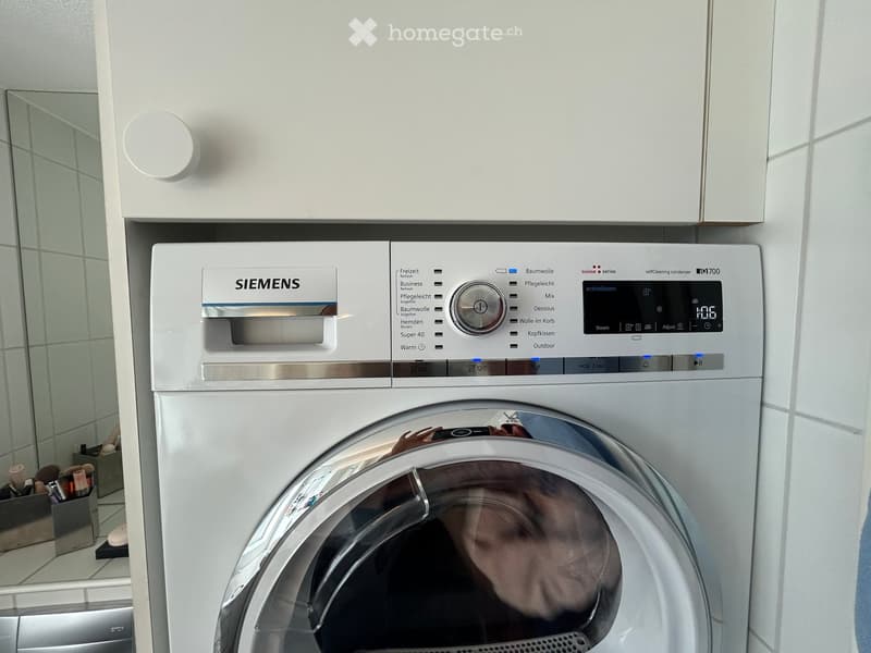 Modern bathroom with a Siemens washing machine and a dishwasher, a mirror, and a cosmetic organizer on the counter.