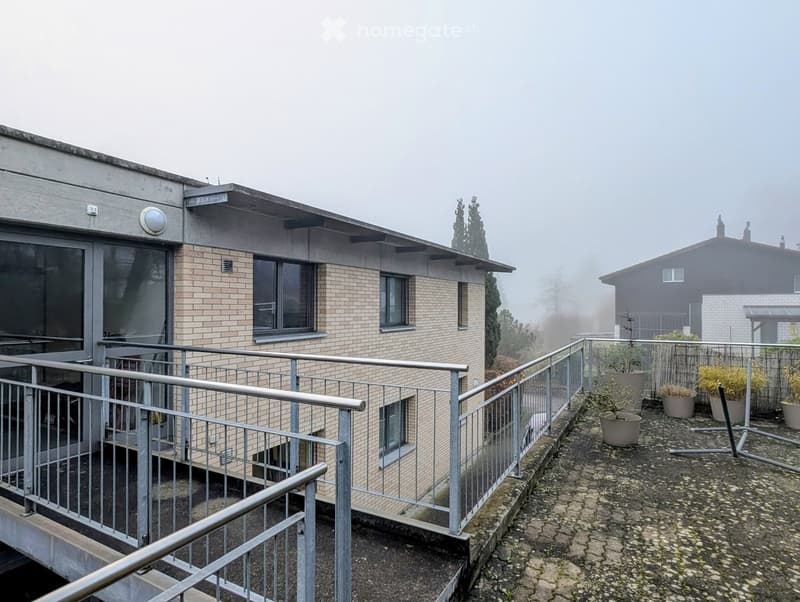 Balcony with metal railing, overlooking a modern building with brick facade and large windows, surrounded by potted plants and a foggy landscape.