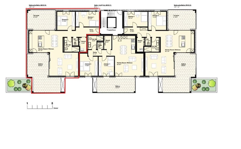 Floor plan of a multi-level house with three apartments, each featuring a kitchen, living area, bedrooms, bathrooms, and balconies.