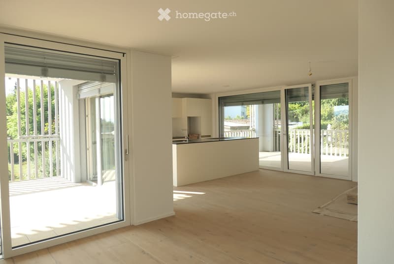 Bright, open-plan space with light wooden flooring, large sliding glass doors leading to a balcony, and a modern kitchen area visible in the background.