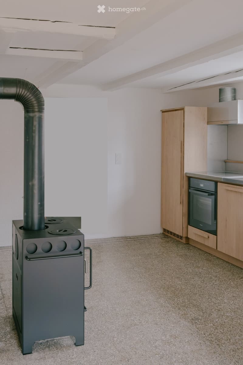 Modern kitchen with light wooden cabinets, a built-in oven, and a black wood-burning stove with a chimney pipe.