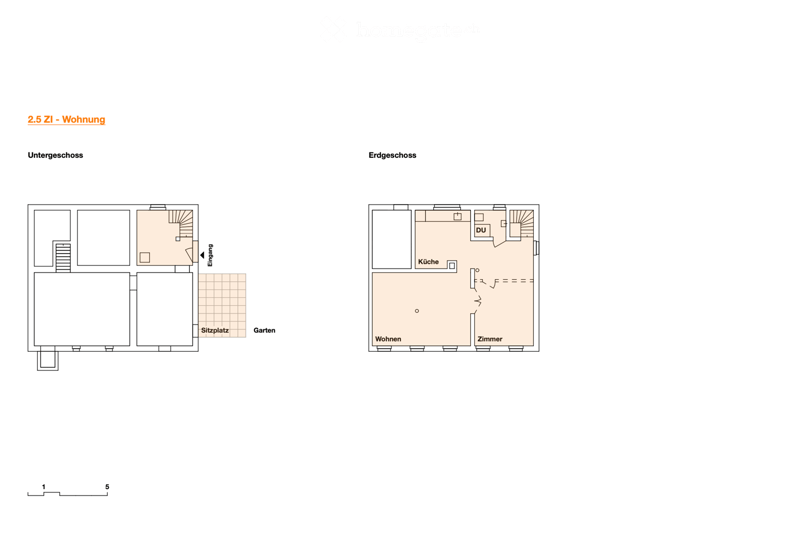 Floor plan of a 2.5-room apartment with two levels: ground floor includes living area, kitchen, bedroom, and bathroom; basement includes seating area and garden access.