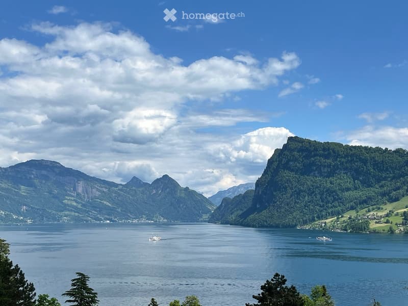 A scenic view of a lake surrounded by lush green mountains and a partly cloudy sky. Two boats are visible on the water, and the landscape includes dense forests and grassy slopes.