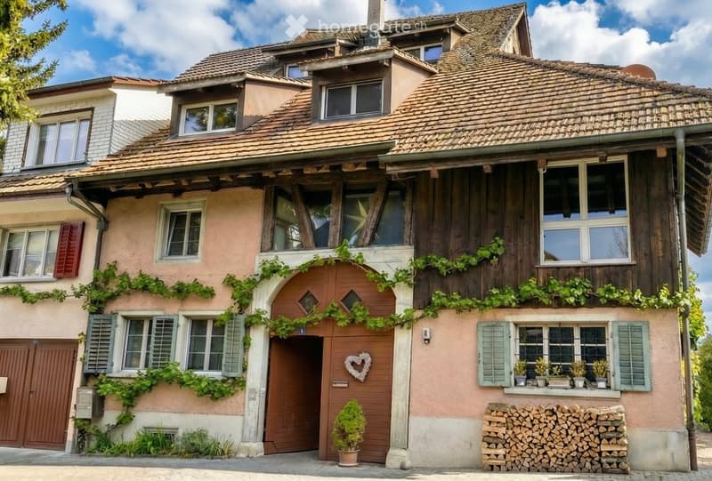 2 story house, brown roof, pink walls, wooden door, green vines, wooden logs, potted plants