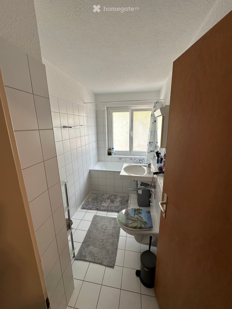 Modern bathroom with white tiled walls and floor, featuring a bathtub, sink, toilet, and two rugs. A window provides natural light, and a mirror is mounted above the sink.