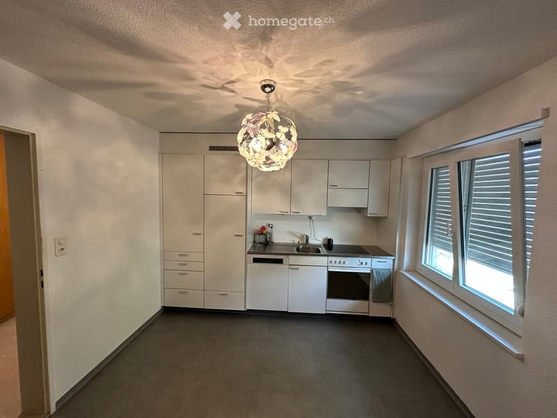Modern kitchen with white cabinets, stainless steel appliances, and a decorative light fixture.