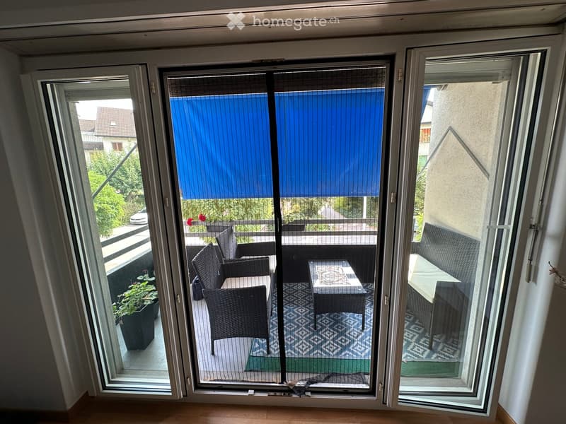 Balcony with sliding glass doors, featuring wicker chairs, a small table, a patterned rug, and a potted plant.
