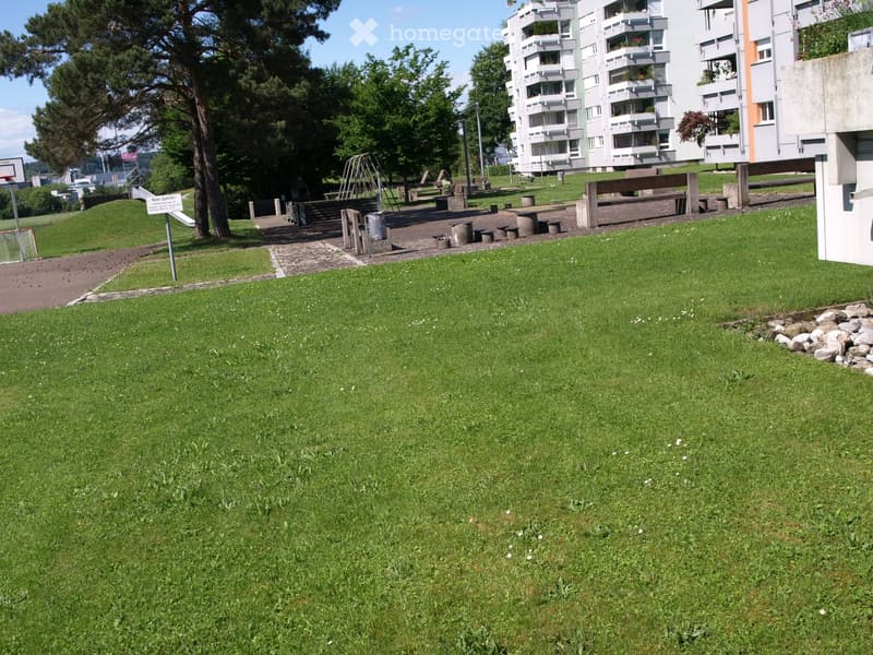 Open green space with grass, trees, benches, playground equipment, and a multi-story residential building in the background.