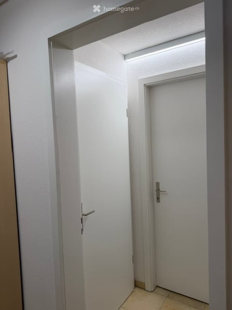 A narrow, well-lit hallway with white walls, a tiled floor, and two white doors with silver handles.