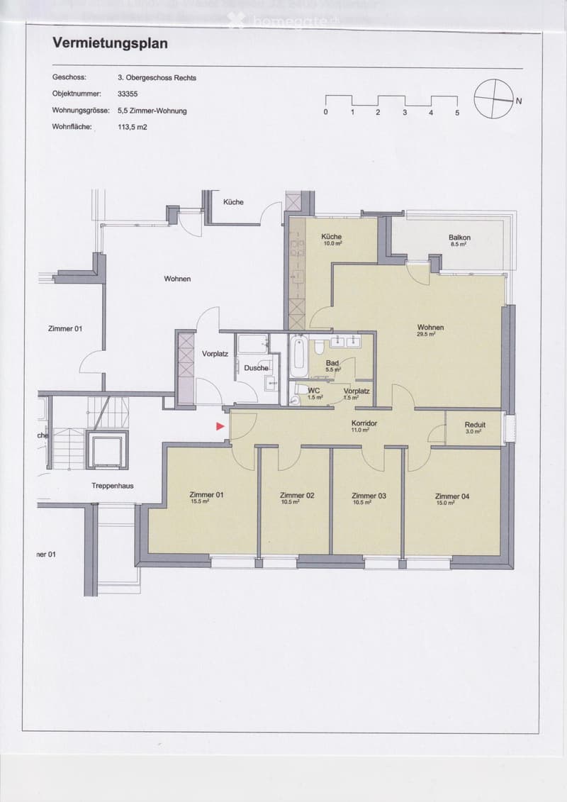 Floor plan of a 5.5-room apartment with113.5 m² total area, featuring a kitchen, living area, four bedrooms, bathroom, shower, WC, hallway, and balcony.