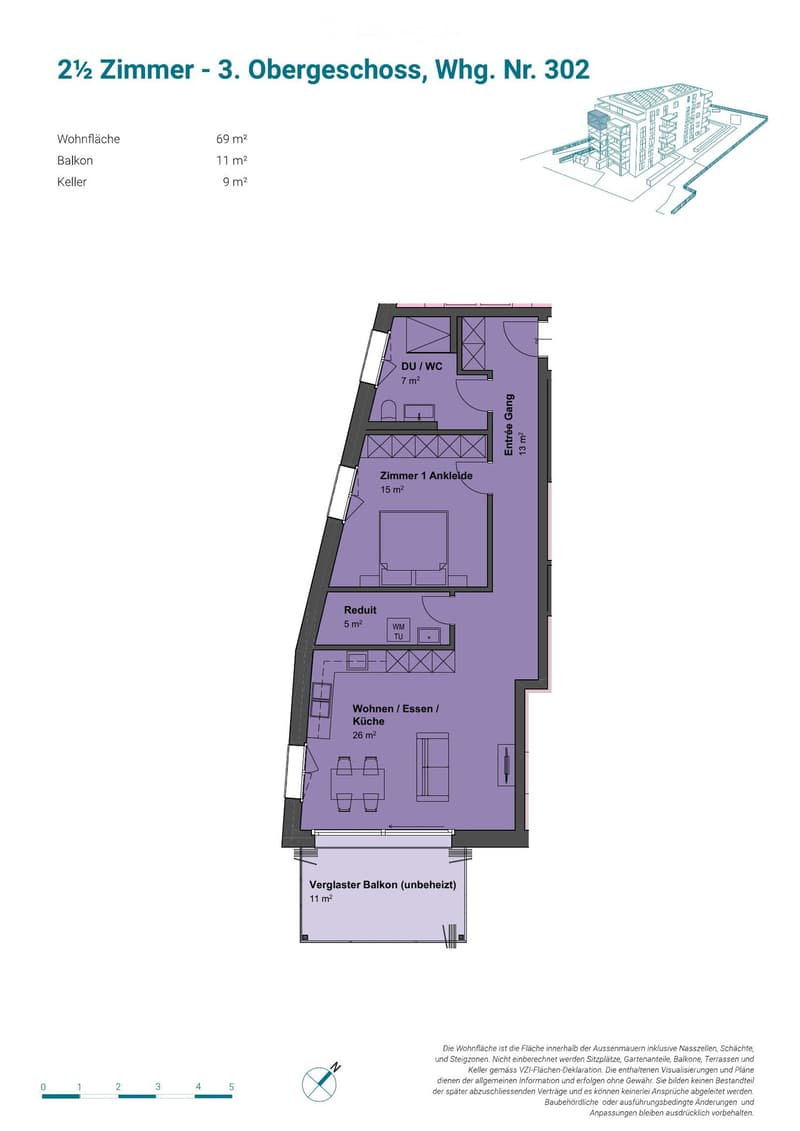 Floor plan of a 2.5-room apartment on the third floor, including living/dining/kitchen area, bedroom, bathroom, hallway, and balcony.
