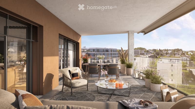 Modern balcony with large windows, outdoor furniture including a sofa, coffee table, dining table, and chairs, surrounded by potted plants and a scenic city view.