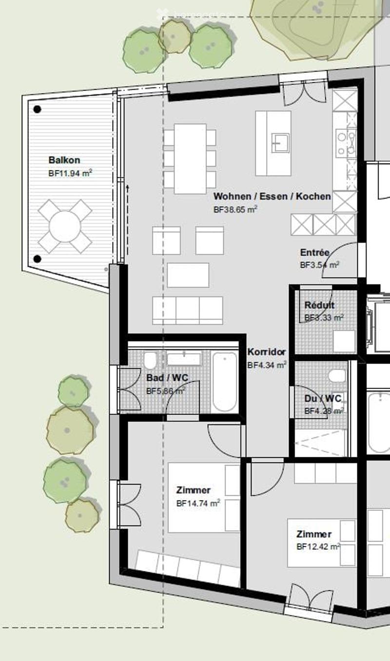 Floor plan of a residential unit with a living/dining/kitchen area, two bedrooms, a bathroom, a hallway, and a balcony.