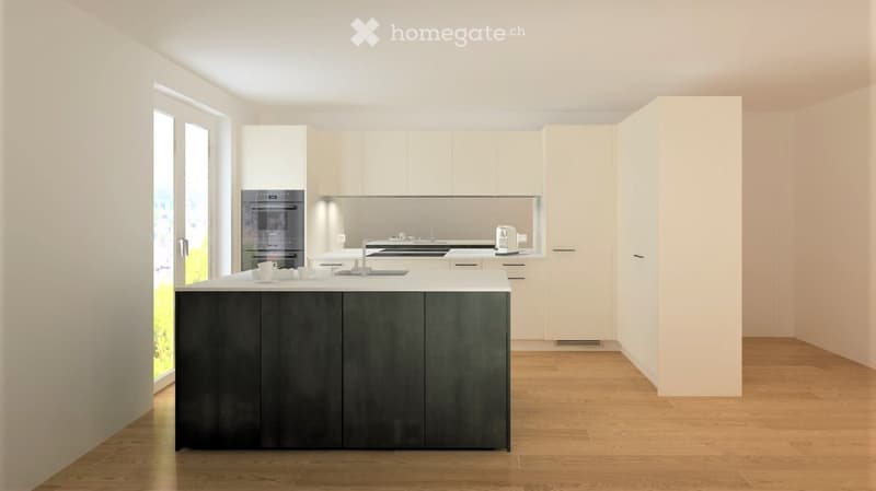 Modern kitchen with white cabinets, dark grey island, stainless steel oven, and light wooden flooring.