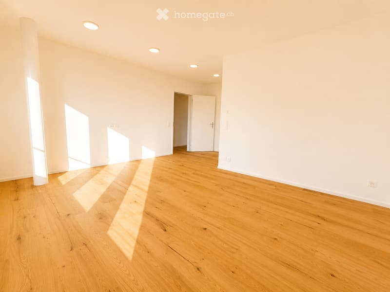 Empty room with light wooden flooring and white walls, featuring recessed ceiling lights and a doorway leading to another space.