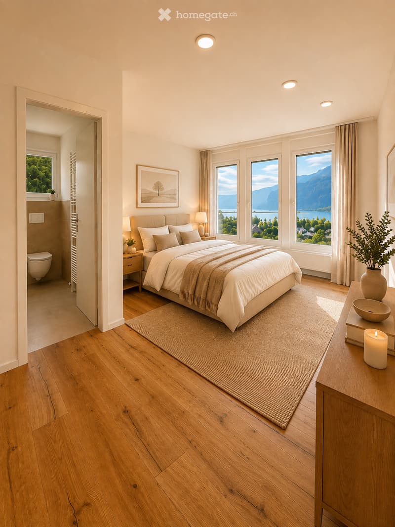 Spacious bedroom with wooden flooring, large windows offering scenic views, a neatly made bed, nightstands with lamps, a picture frame on the wall, and a small table with a vase and candle.