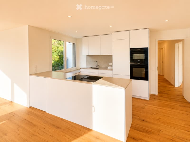Modern kitchen with white cabinets, a central island with an induction cooktop, a sink, and an oven. The space features wooden flooring and large windows letting in natural light.