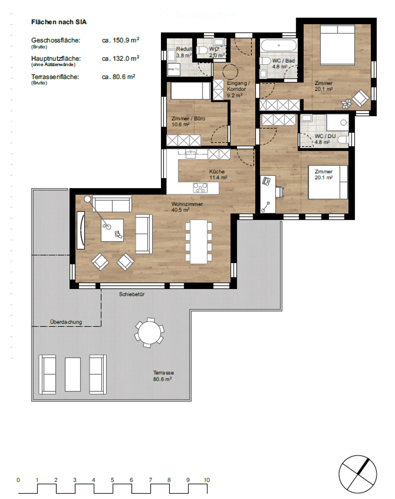 Floor plan of a 2-story house with living room, kitchen, 2 bedrooms, 2 bathrooms, and a terrace.