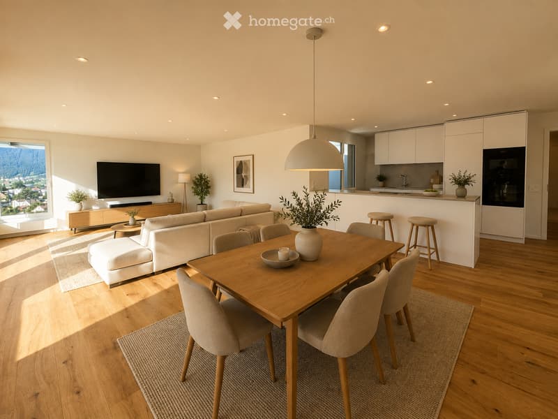 Open-plan living and dining area with light wood flooring, a large sofa, ottoman, dining table with chairs, kitchen island, and a view of the mountains.