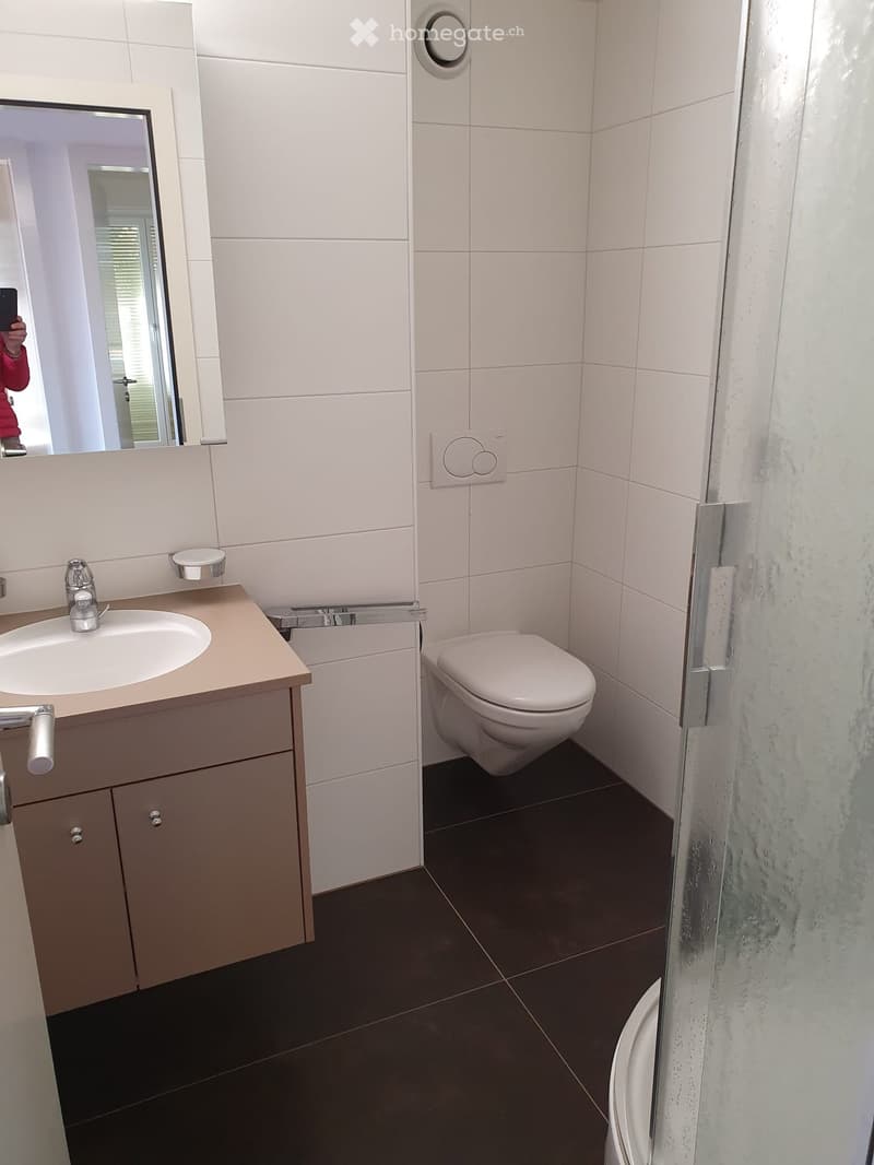 Modern bathroom with white tiles, a beige sink cabinet, a round sink, a toilet, and a large mirror above the sink.