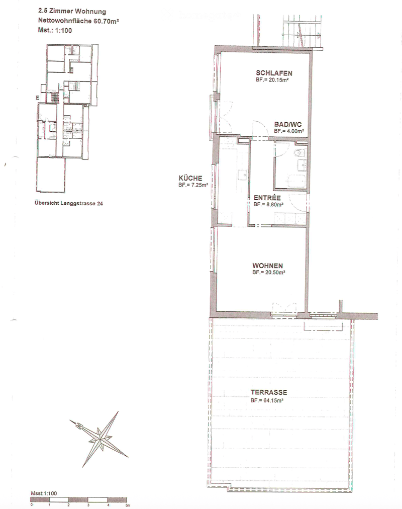 Floor plan of a 2.5-room apartment with a total area of 60.70 m², including a living area, bedroom, kitchen, bathroom, entrance, and terrace.