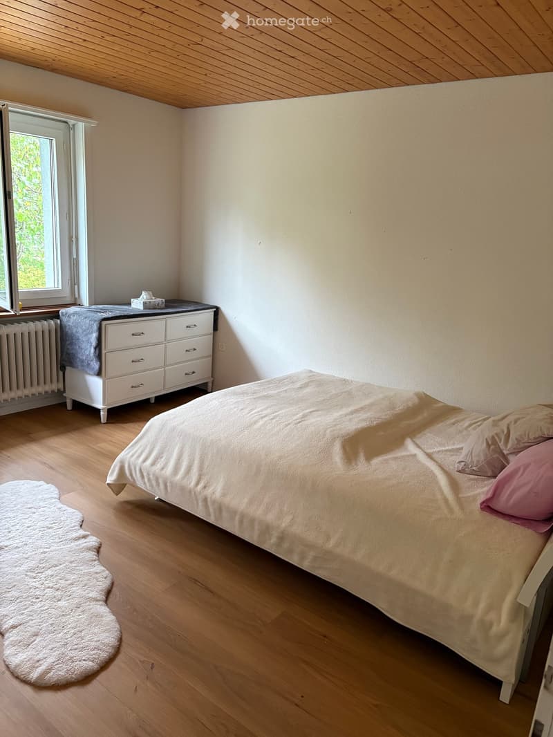 Cozy bedroom with a wooden bed, light-colored bedding, a white drawer unit with a grey blanket, a fluffy white rug, and a radiator near the window.