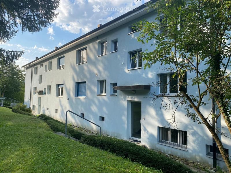 Two-story white house with multiple windows, a raised ground floor, and a small garden area with a tree and shrubs.