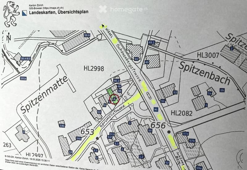 Overview map showing streets, property boundaries, and numbered plots in a residential area.