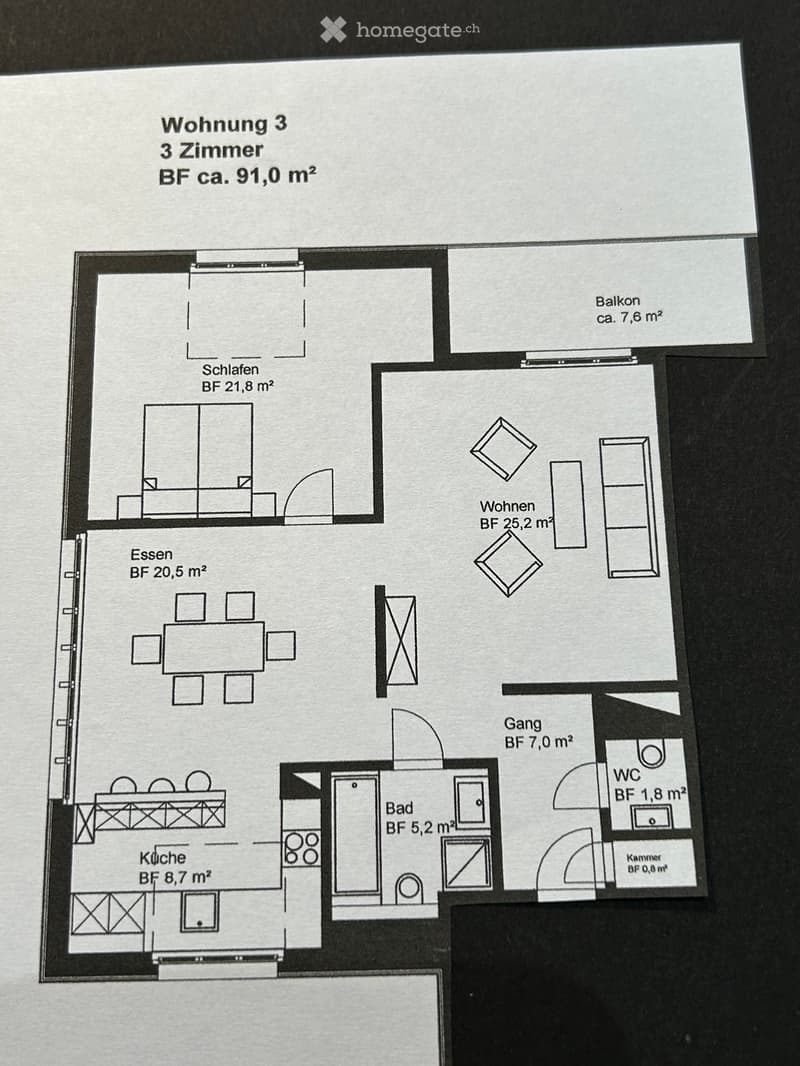 Floor plan of a 3-bedroom apartment with a kitchen, living area, bedroom, bathroom, hallway, and balcony.