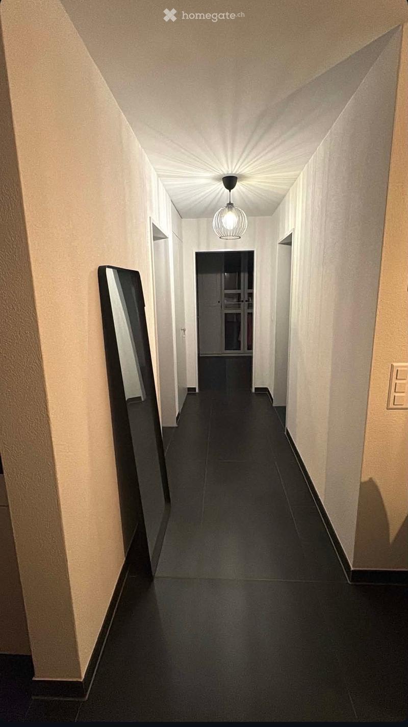 A long, narrow hallway with beige walls, dark tiled flooring, and a single hanging light fixture. The hallway leads to a door at the end.