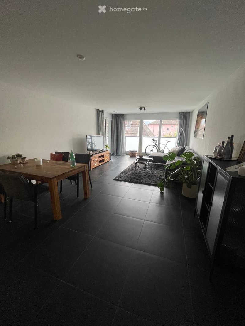 A modern, open-plan living and dining area with dark tiled flooring, a large sofa, a wooden dining table with chairs, a television on a stand, and several potted plants. The room features large windows with curtains and a view of a bicycle outside.