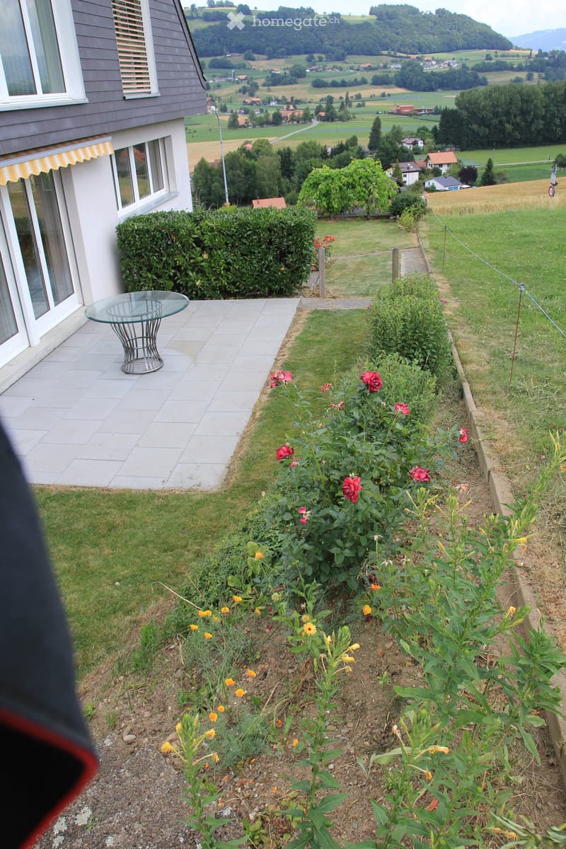 Garden area with a tiled patio, a glass table, and a variety of flowers and plants, with a view of a rural landscape and a house in the background.