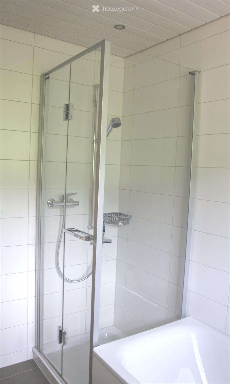 Modern bathroom with a white bathtub, glass-enclosed shower, and tiled walls.