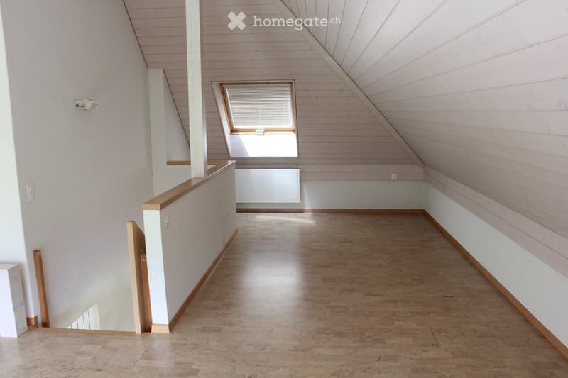 Empty attic space with wooden walls, slanted ceiling, and skylight window. The floor is wooden, and there is a radiator under the window.