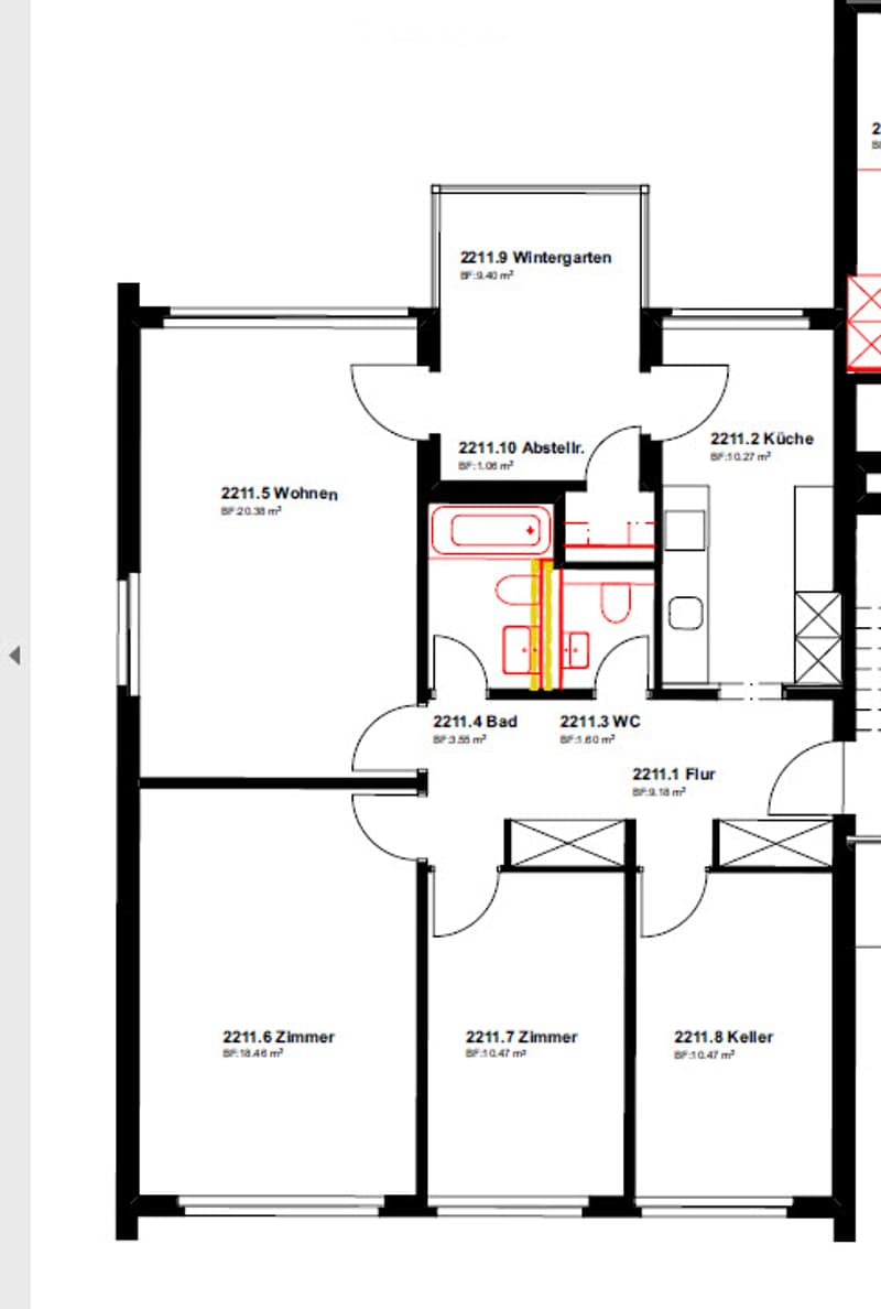 Floor plan of a residential unit with multiple rooms including a living area, kitchen, bedroom, bathroom, and additional spaces such as a winter garden and storage area.