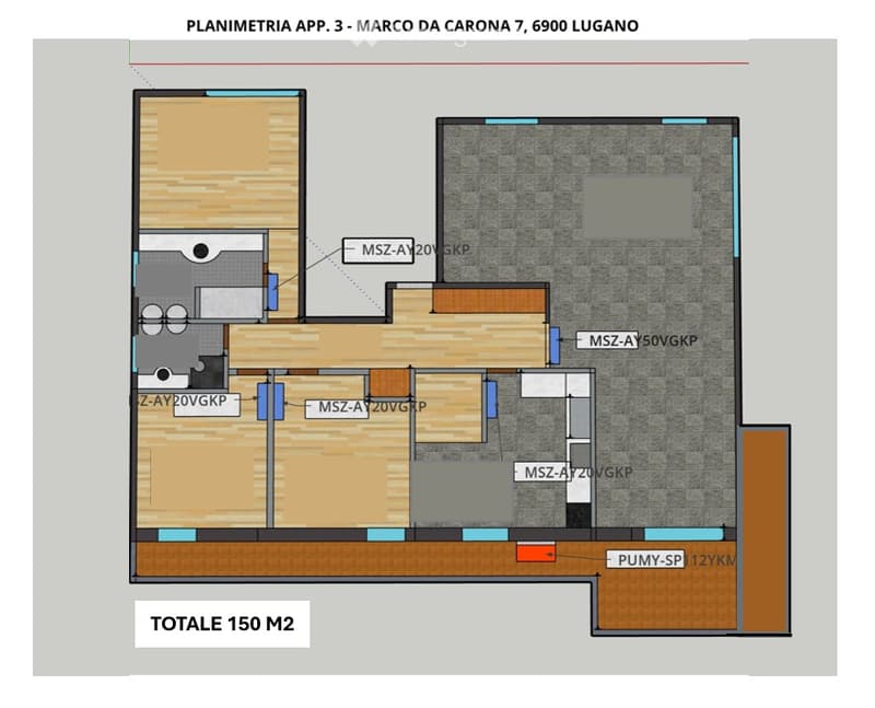 Floor plan of an apartment with multiple rooms including living area, bedrooms, bathrooms, and utility spaces.