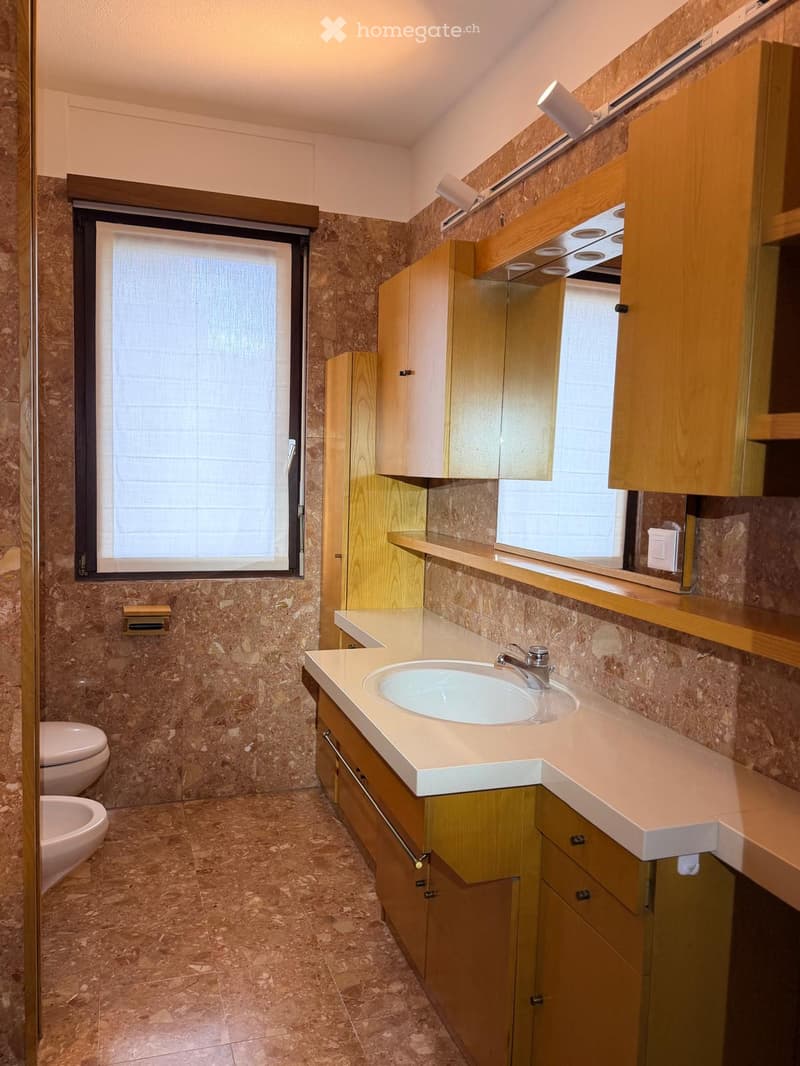 Bathroom with marble tiles, wooden cabinets, a sink with a faucet, and a toilet.