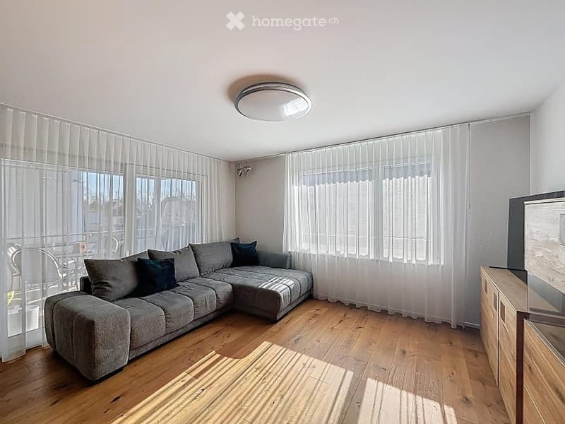 Modern living room with wooden flooring, large windows with sheer curtains, grey sectional sofa, small table, and TV stand.