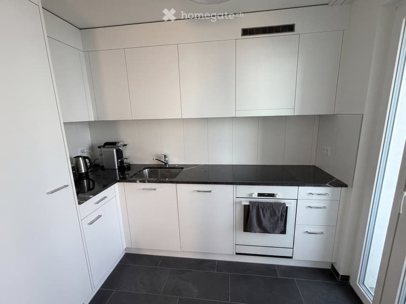 Modern kitchen with white cabinets, black countertops, and stainless steel appliances including a sink, coffee maker, and toaster. A towel hangs on the oven door.