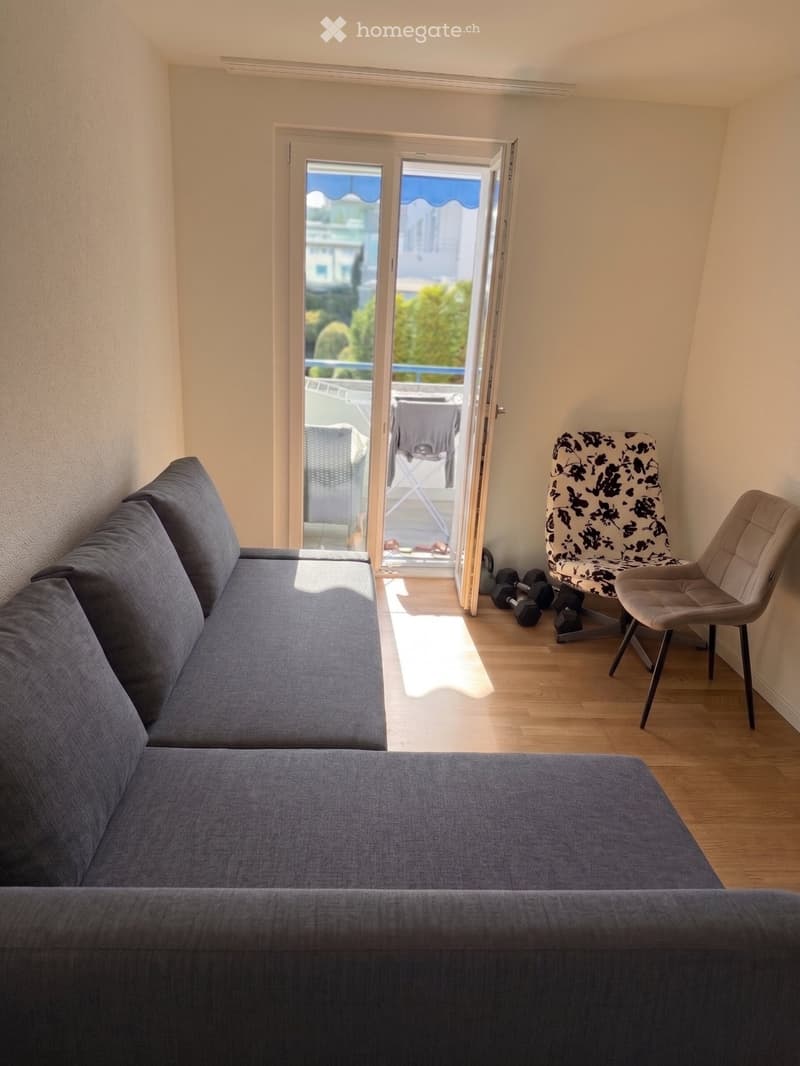 Modern living room with a grey sofa, ottoman, and a patterned chair, leading to a balcony with outdoor furniture.