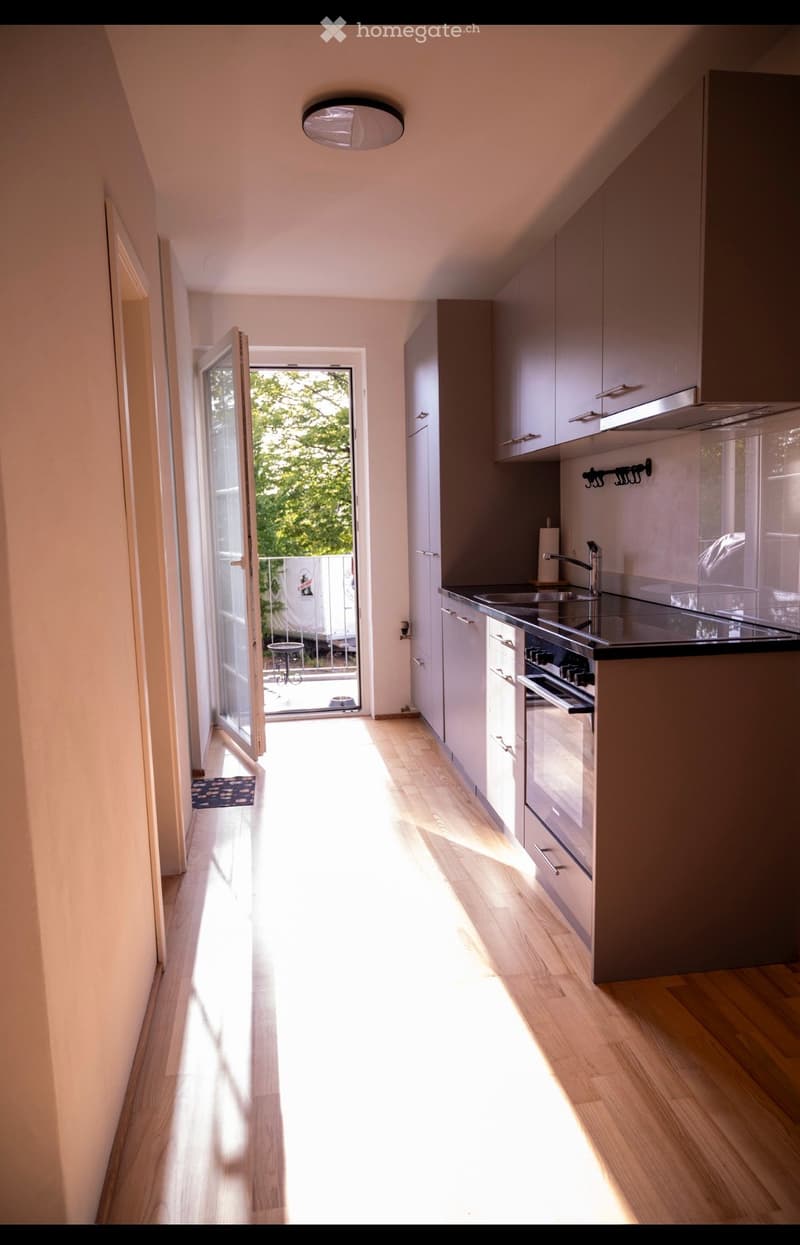 Modern kitchen with light wooden flooring, white cabinets, and a black countertop. A sliding glass door leads to a balcony with outdoor furniture visible.