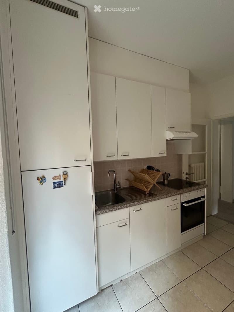 Modern kitchen with white cabinets, granite countertop, stainless steel sink, and built-in oven. Includes a refrigerator with magnets and a dish rack on the counter.