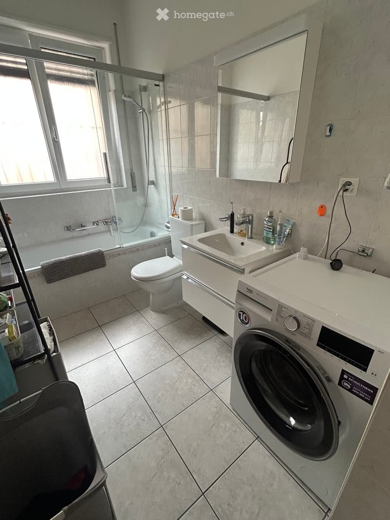 Modern bathroom with a white sink, toilet, bathtub with a glass shower enclosure, and a washing machine. The room features tiled walls and floor, a large window, and a mirror above the sink.