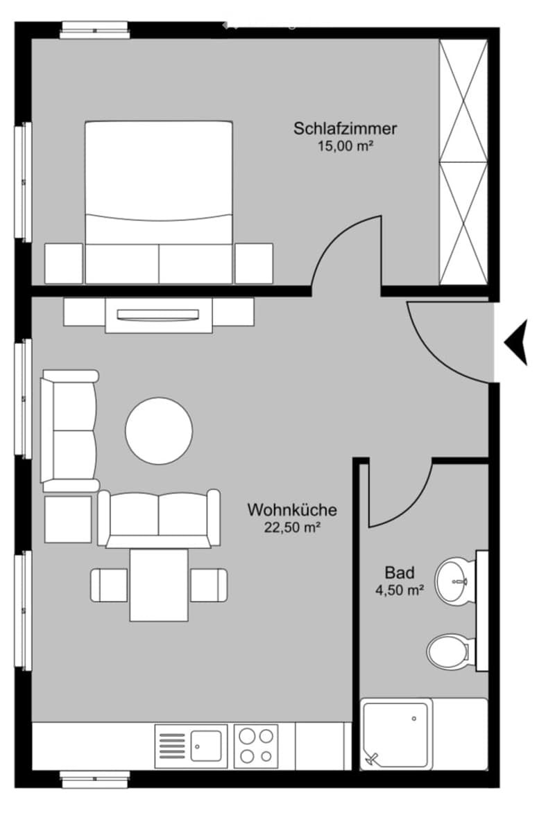 Floor plan of a compact apartment featuring a living room, kitchen, bedroom, and bathroom. The living room includes a sofa and coffee table, the kitchen has a dining area, and the bedroom is adjacent to the living space.