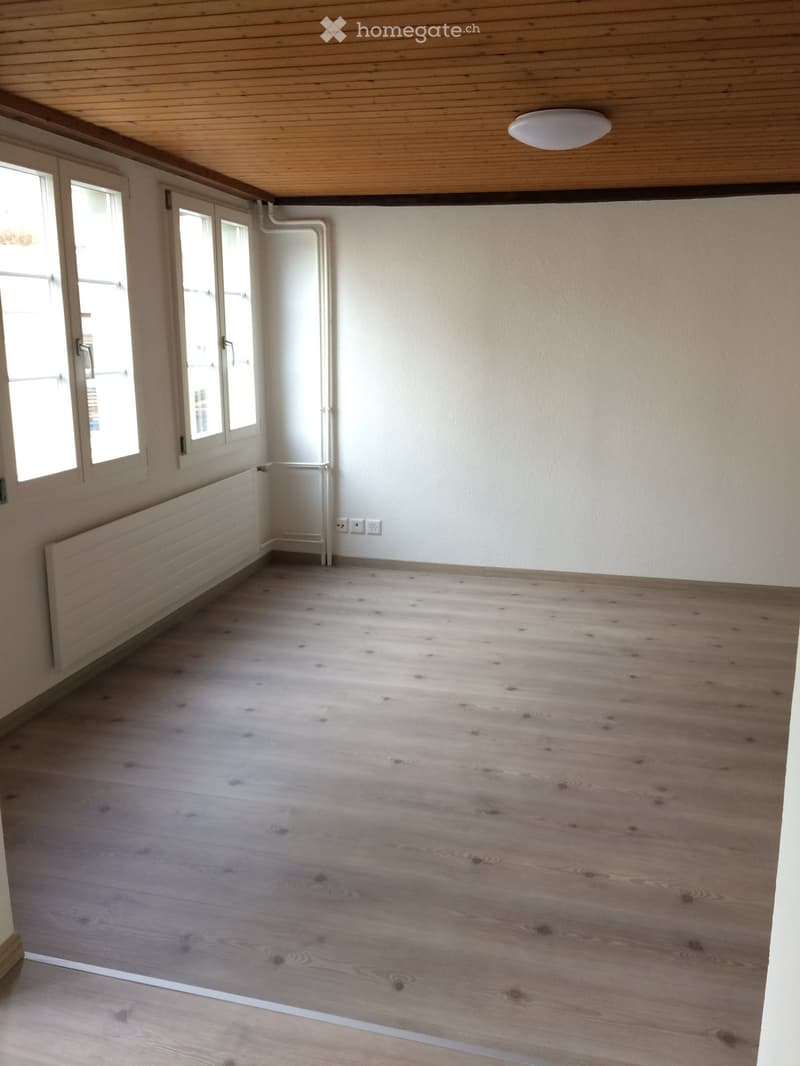 Empty room with wooden flooring, white walls, large windows, and a radiator. No furniture or equipment present.